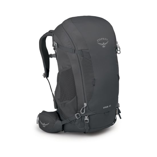 0042_viva45_s22_side_visiongrey_10003946_2 Approachable and comfortable, the 45-litre Viva is a straightforward rucksack-style backpack outfitted with everything you need for single night and multiday backpacking trips, and nothing extra. Its AirScape™ suspension system is designed to manage heavier loads, while its wide J-zip opening main compartment makes the contents simple to access and arrange. Features Included raincover made with PFC/PFAS-free DWR and bluesign® approved materials Dual zippered hipbelt pockets Internal hydration sleeve with hose port in backpanel Dual side compression straps Dual ice axe/trekking pole loops Front panel lash loops for attaching extra gear Accessory pad straps' Top-loading design with large U-panel access on front panel offers versatile packing options Floating top lid allows flexibility for overloads Large main compartment in top lid has pocket for included raincover